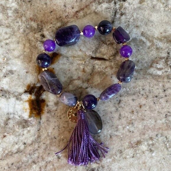 Amethyst Bead Stretch Bracelet with Tassel - Picture 4 of 4